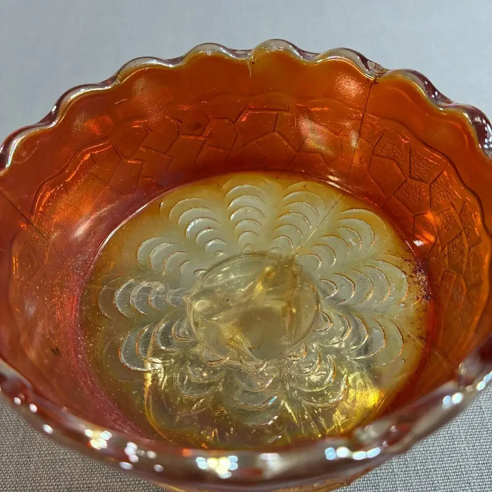 Vintage Marigold Carnival Glass Pedestal Candy Dish Scalloped Bowl 4 Inch